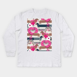 Dachshunds long love // beige background fuchsia pink hearts scarves sweaters and other Valentine's Day details brown nile blue and dark grey spotted funny doxies dog puppies Kids Long Sleeve T-Shirt